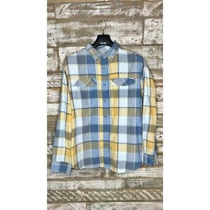 Columbia mens long sleeved plaid yellow/blue collared shirt light weight L‎